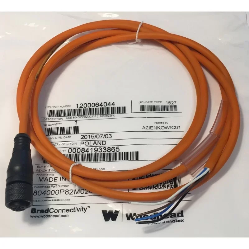 Molex 1200064044 Cordon Brad M12 femelle vers Câble libre 4 pôles - 2 mètres - orange Expédition Rapide