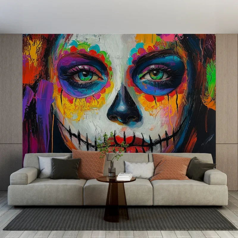 Livraison Express Papier peint motif jour des morts Visage coloré avec maquillage de calavera