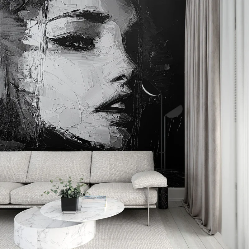 Prix Cassé Papier peint portrait abstrait Visage féminin en noir et blanc