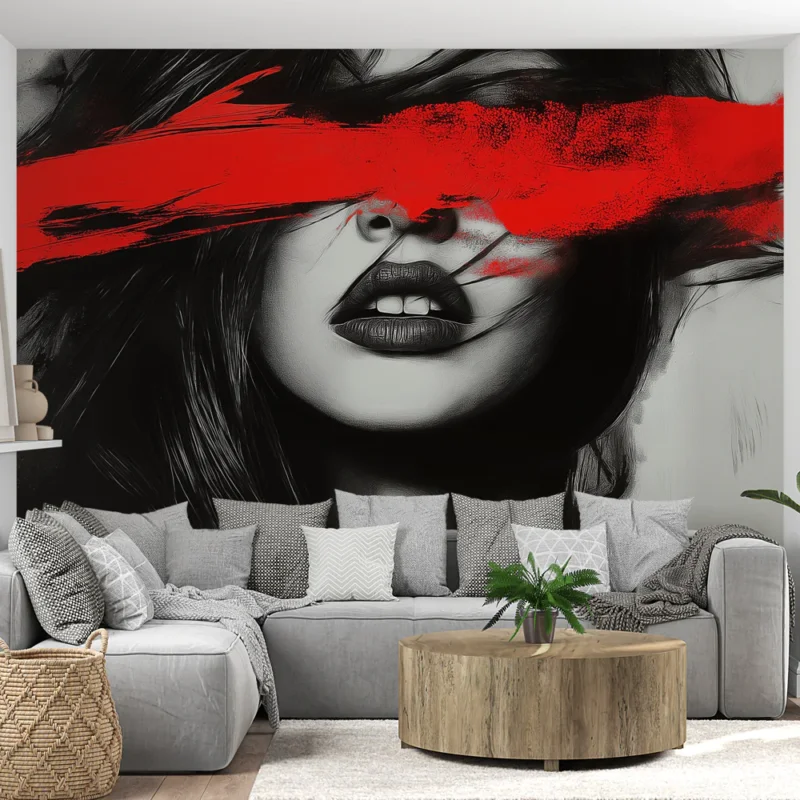 Papier peint abstrait Visage féminin stylisé avec touches de rouge vibrant Affaire À Saisir