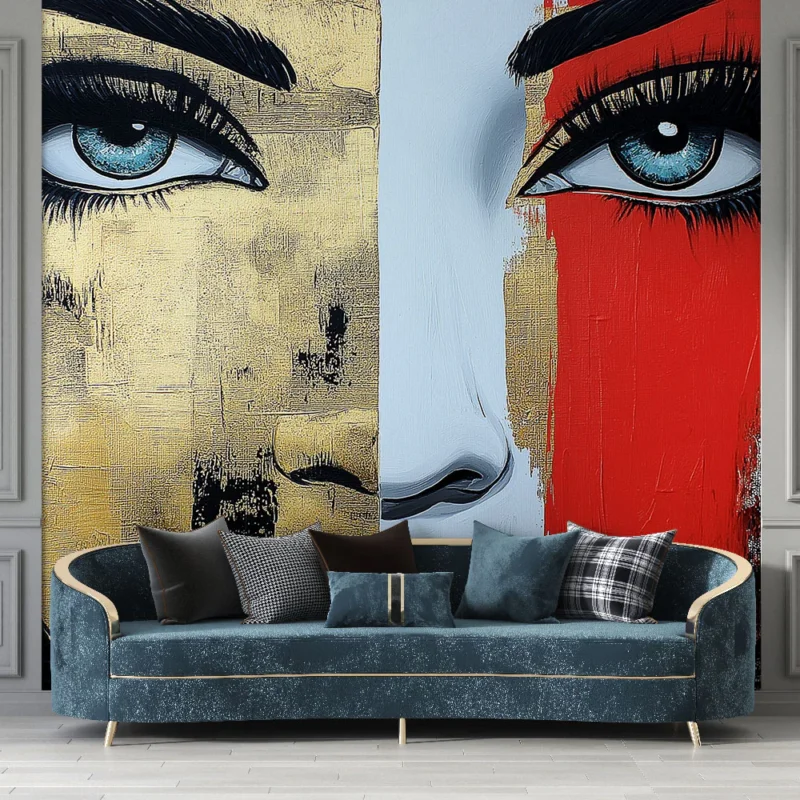Papier peint visage artistique Portrait moderne en or, noir et rouge Quantité Limitée