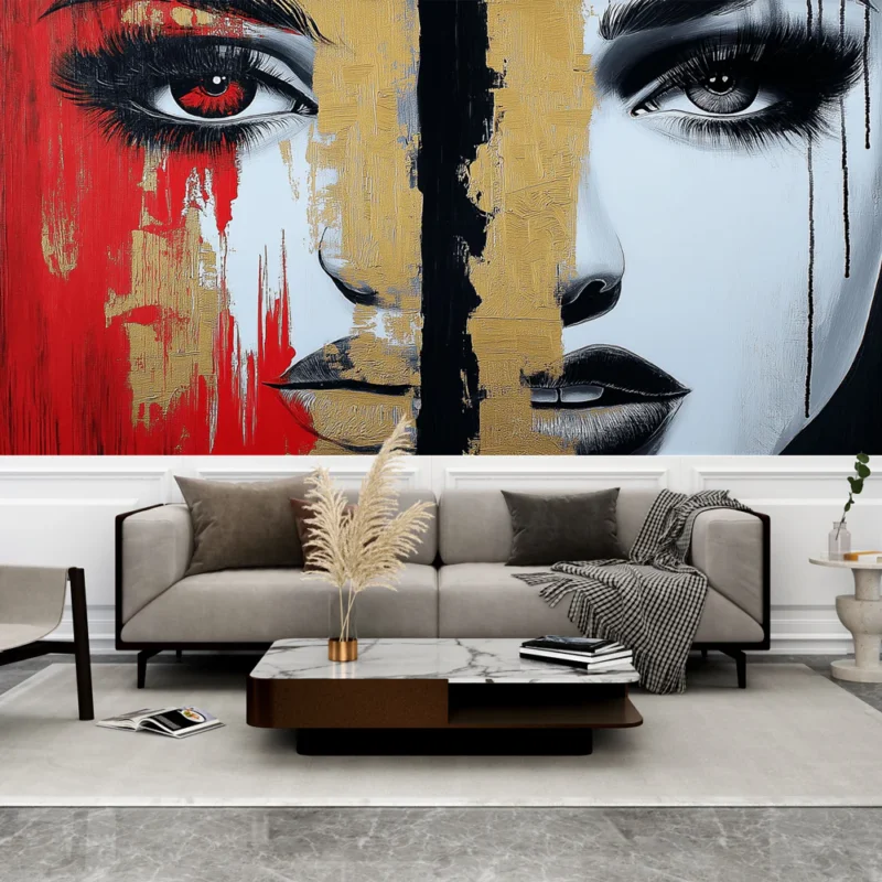 Papier peint visage artistique Portrait abstrait en rouge, noir et or Meilleur Choix