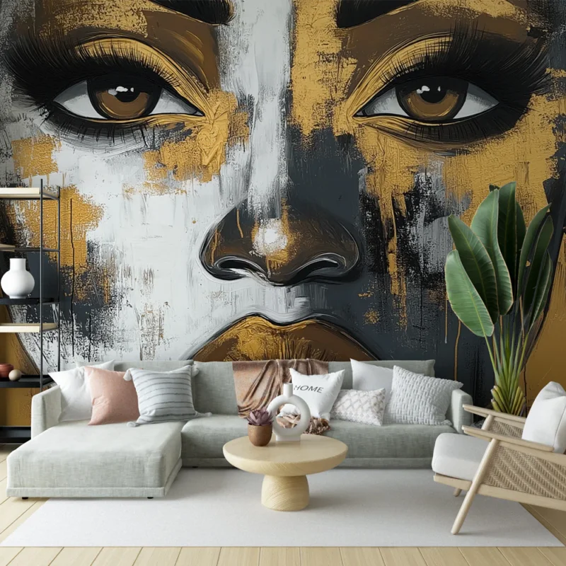 Offre Spéciale Papier peint visage artistique Portrait stylisé en noir et or