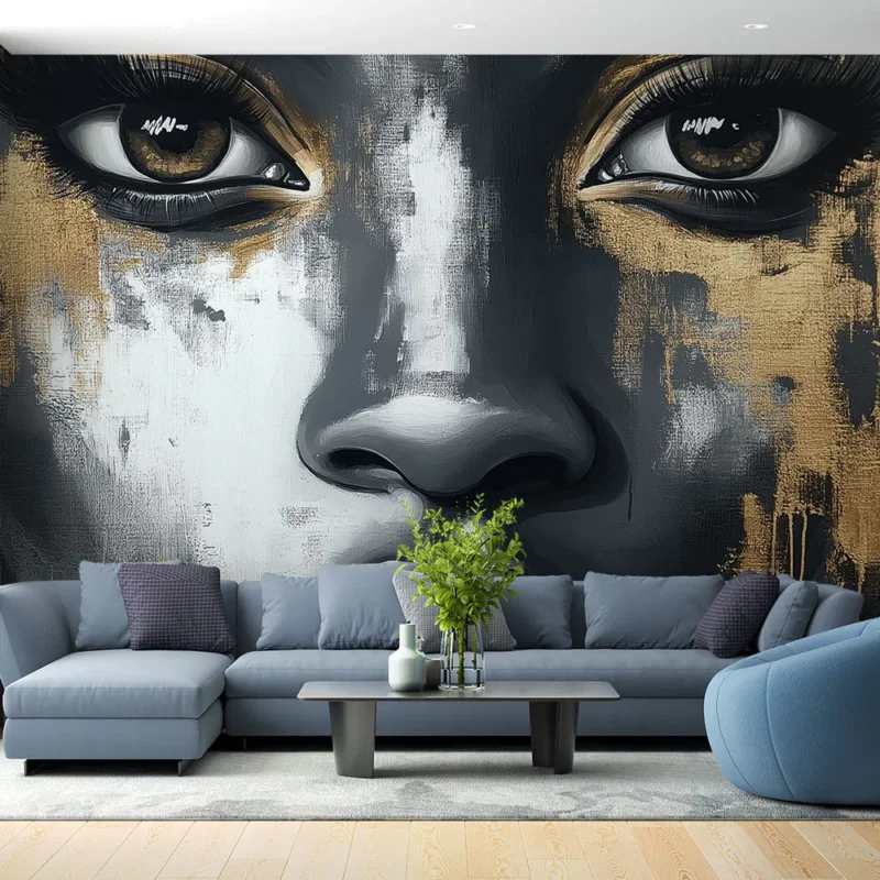 Papier peint visage artistique Portrait contemporain avec touches dorées Vente Flash