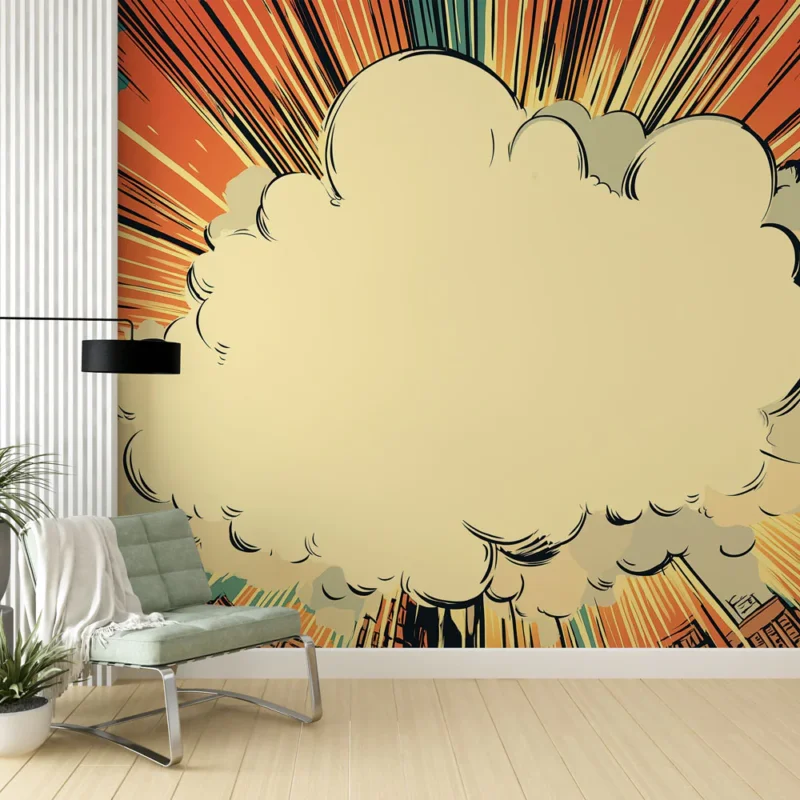 Papier peint bande dessinée Motif dynamique de nuages et rayons éclatants Acheter Direct