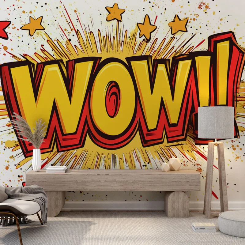 Papier peint bande dessinée Motif explosif ‘WOW‘ avec des étoiles colorées Achetez Aujourd'hui