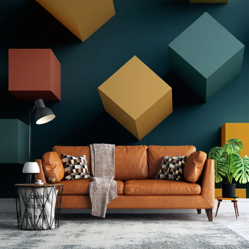Papier peint géométrique Cubes colorés sur fond sombre Prix Réduit
