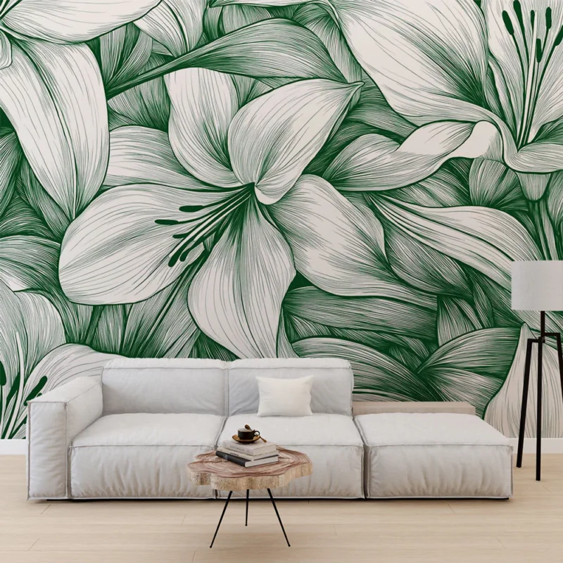 Soldes Papier peint fleurs Élégantes fleurs blanches et feuillage vert