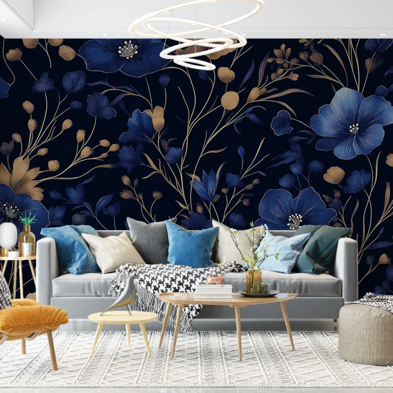 Papier peint floral bleu et doré Éclat de fleurs sur fond noir profond Promotion