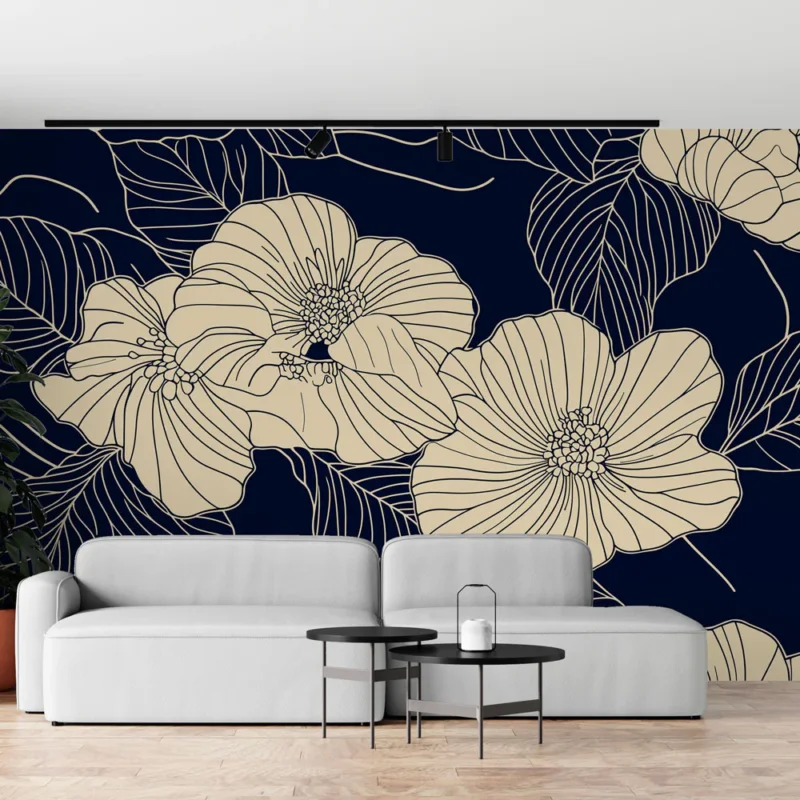 Prix Bas Papier peint floral Fleurs délicates sur fond bleu marine