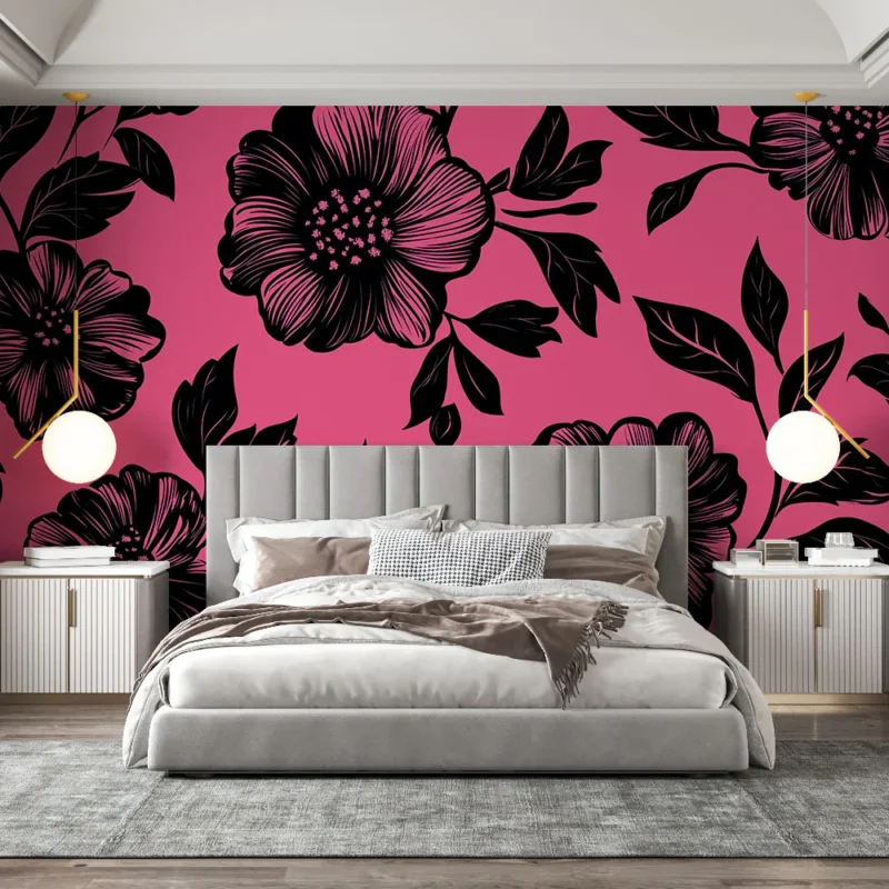 Commander Vite Papier peint floral noir Motifs floraux audacieux sur fond rose vif