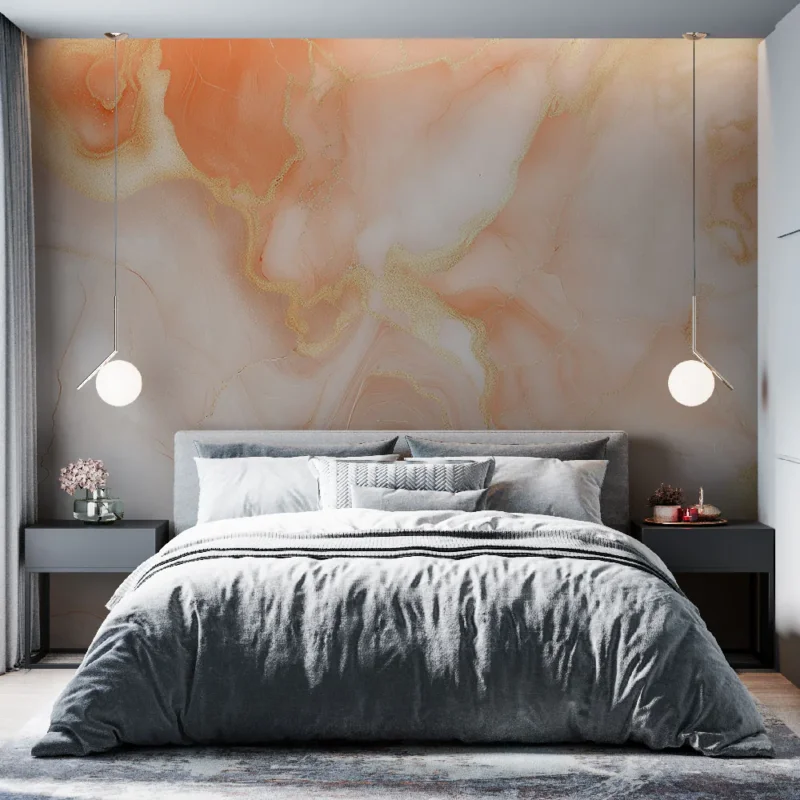 Nouvelle Collection Papier peint marbré Motif de marbre doux avec des nuances pêche et dorées