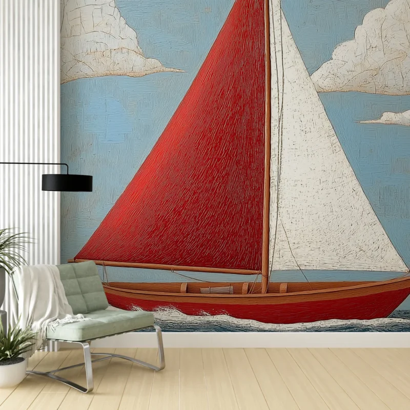 Papier peint voilier Voilier rouge naviguant sur des eaux paisibles Must-Have