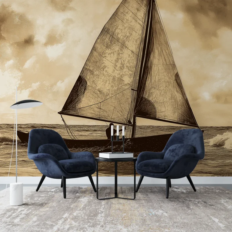 Papier peint voilier vintage Voilier sur une mer paisible aux teintes sepia Super Prix