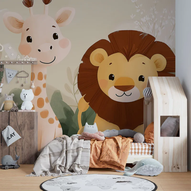Papier peint animaux mignons Girafe et lion stylisés au milieu de la jungle Expédition Rapide