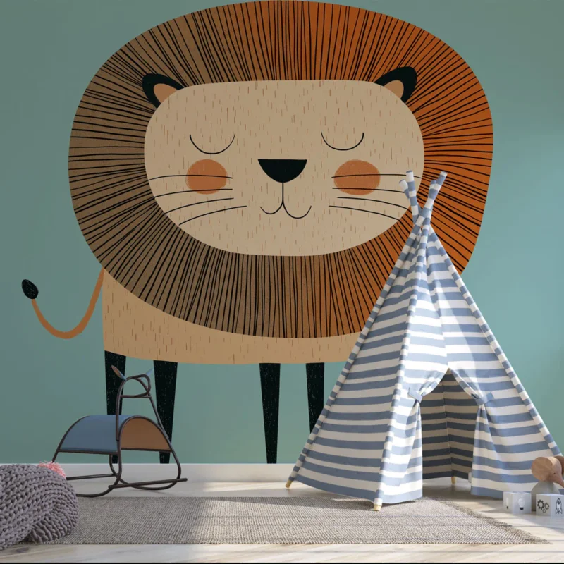 Papier peint lion Design ludique d‘un lion souriant avec des lignes graphiques Bon Marché
