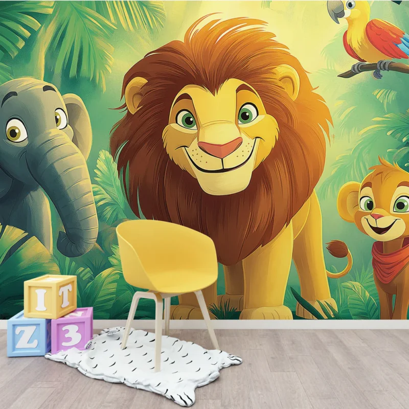 Bon Plan Papier peint jungle animée Animaux de la savane en couleur vive