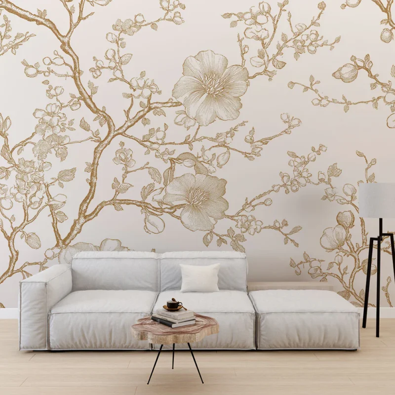 Papier peint shabby chic Fleurs délicates et branches dorées Nouveauté
