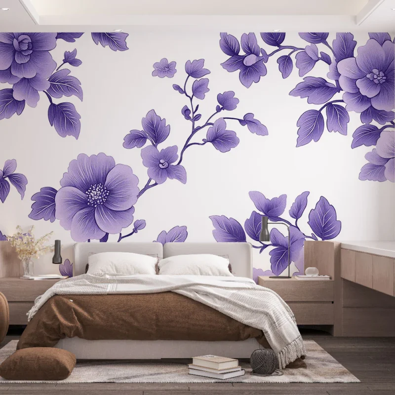 Papier peint shabby chic Élégantes fleurs violettes sur fond blanc Prix Choc