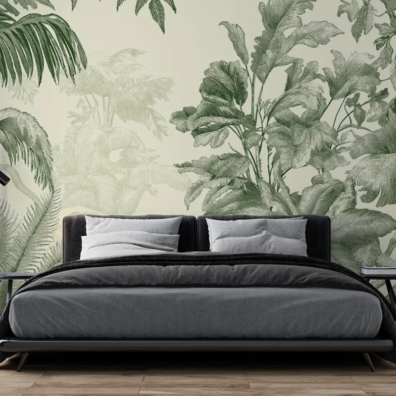 Papier peint shabby chic Feuilles tropicales luxuriantes en nuances de vert Expédition Rapide