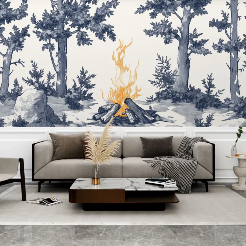 Papier peint shabby chic Nature inspirée avec feu de camp et arbres Paiement Sécurisé