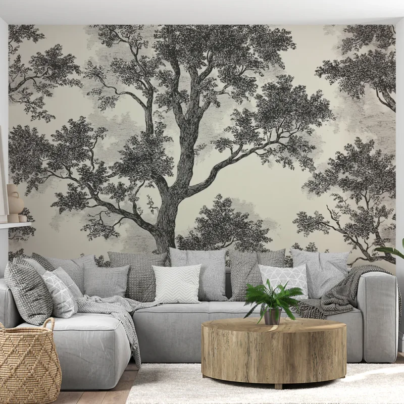 Papier peint shabby chic Arbres noirs et blancs au style vintage Offre Exclusive