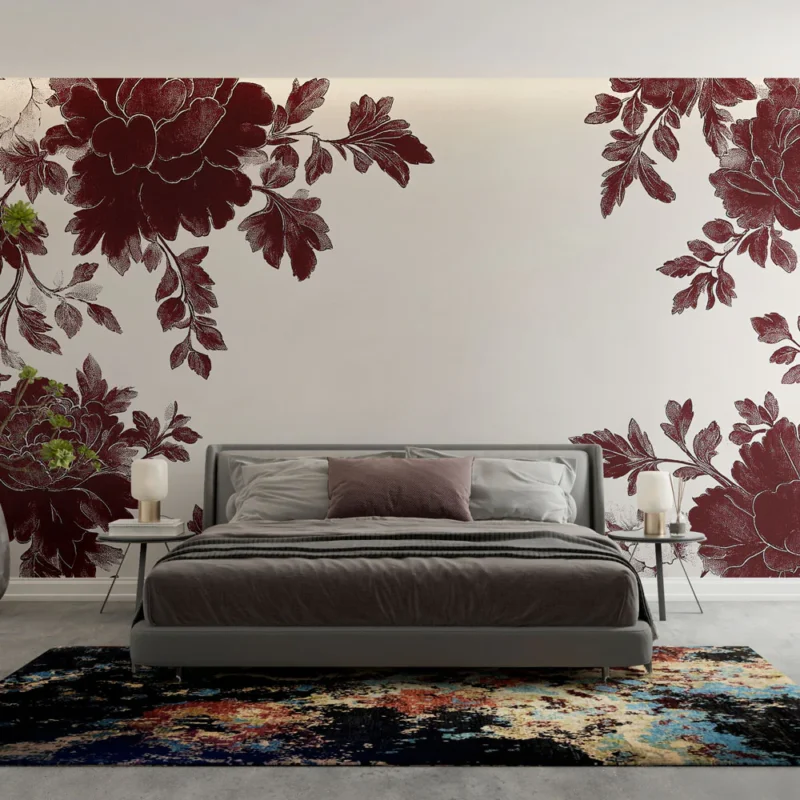 Papier peint shabby chic Fleurs bordeaux sur fond crème classique Meilleur Prix