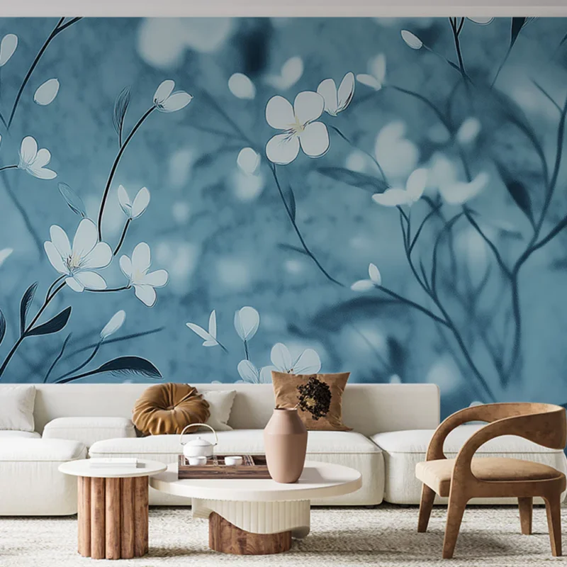 Papier peint shabby chic Motif floral délicat en bleu et blanc Prix Promo