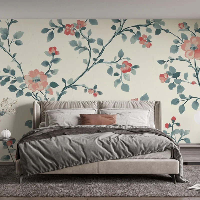Papier peint shabby chic Branches fleuries et feuillage délicat Acheter Direct