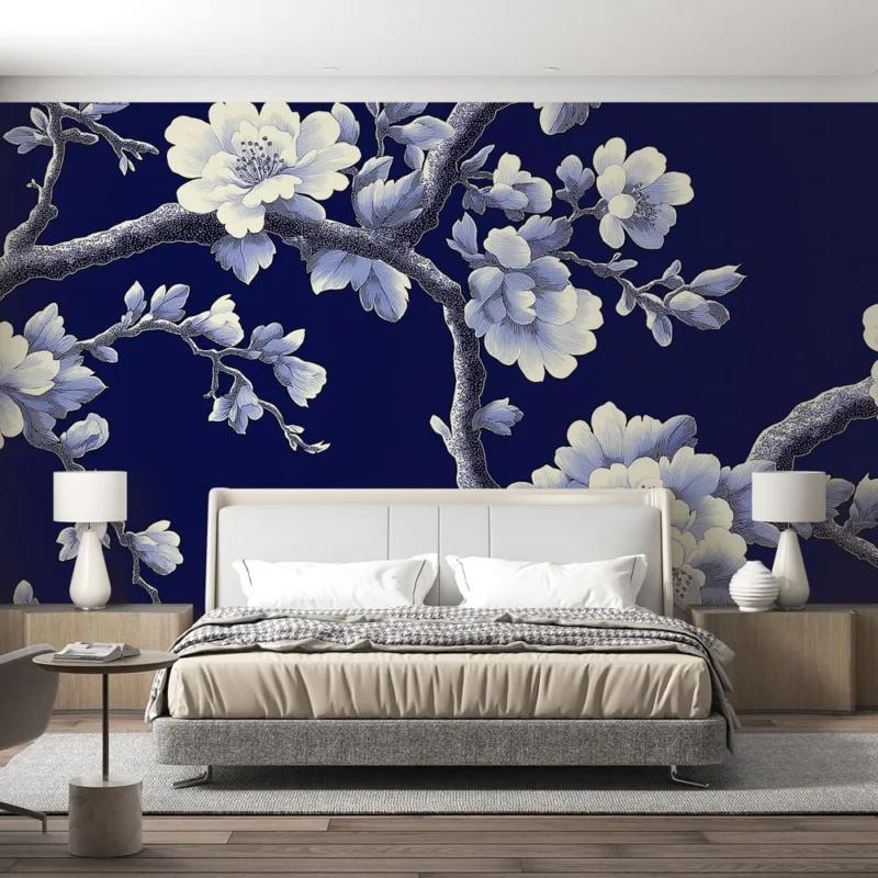 Papier peint shabby chic Fleurs blanches délicates sur fond bleu nuit Nouvelle Collection