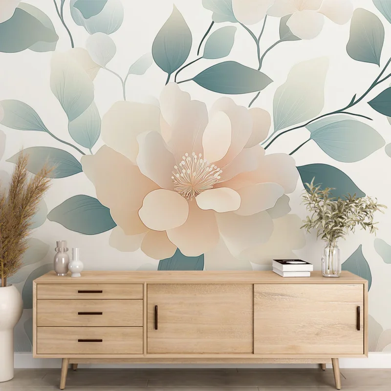 Papier peint shabby chic Fleurs douces et feuillages délicats Nouveauté