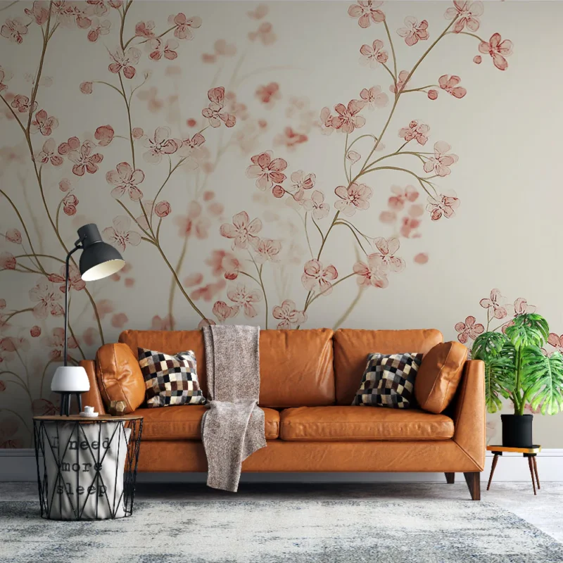 Papier peint shabby chic Fleurs délicates en rose et beige sur fond clair Expédié Aujourd'hui