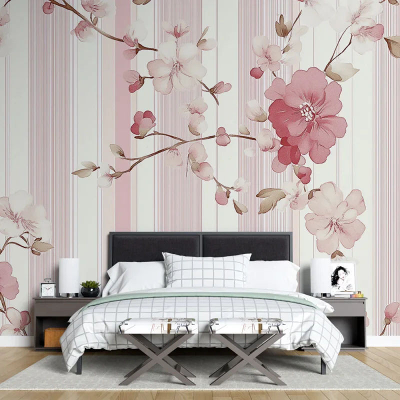 Satisfait Ou Remboursé Papier peint shabby chic Fleurs délicates sur fond rayé pastel