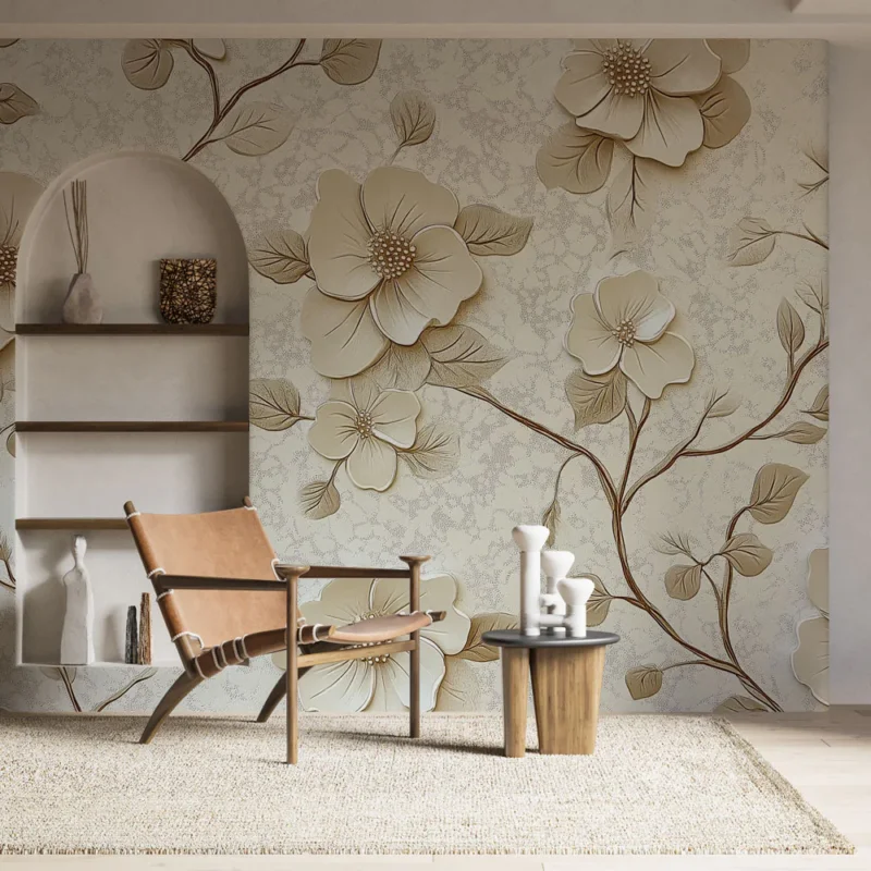 Papier peint shabby chic Fleurs en relief sur fond texturé beige Vente Directe