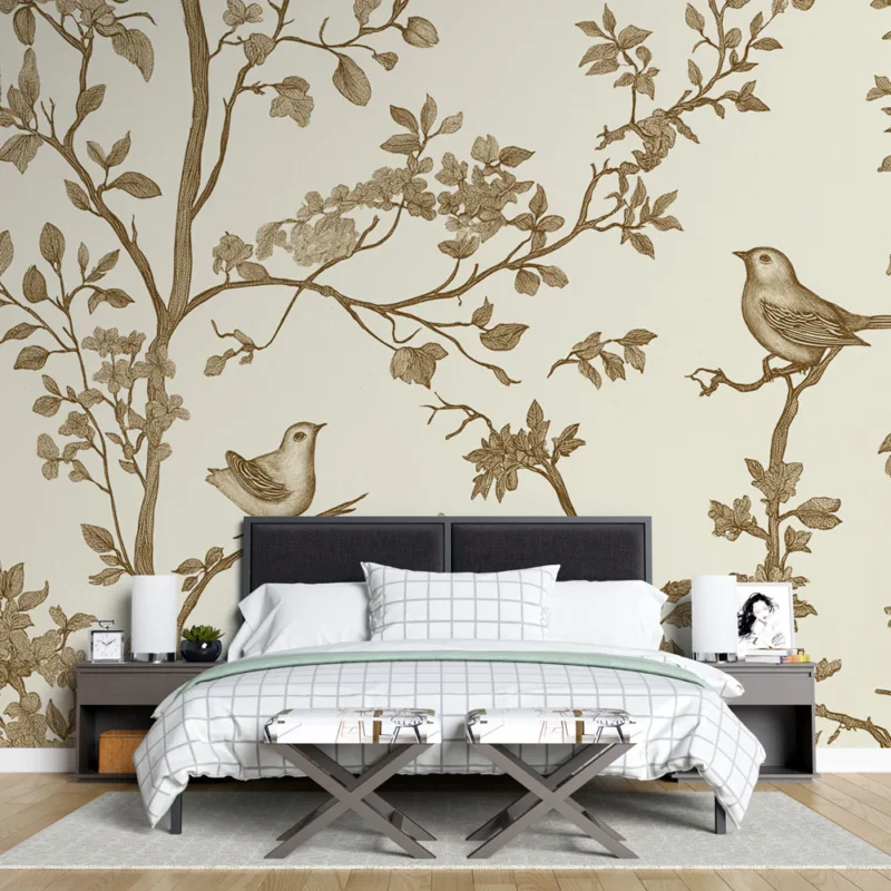 Papier peint shabby chic Motif délicat d‘oiseaux et de feuillages en beige Prix Promo