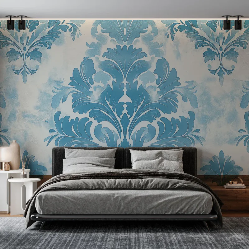 Papier peint shabby chic Motif floral bleu sur fond nuageux Dernier Modèle