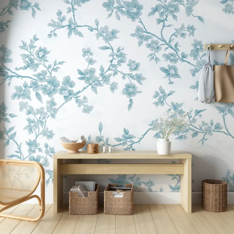 Papier peint shabby chic Fleurs aquarelle bleues sur fond blanc Nouveauté