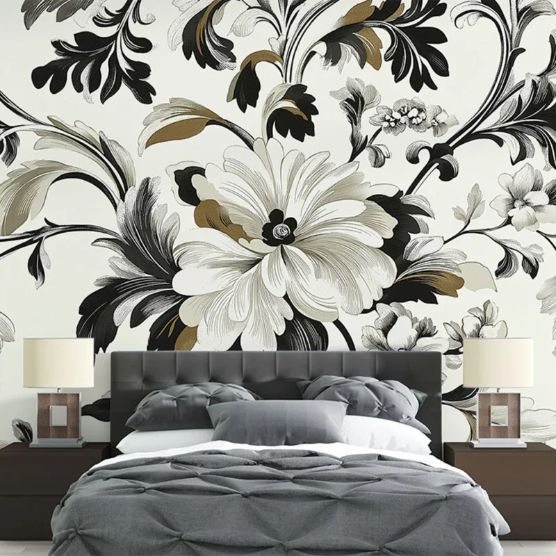 Réduction Papier peint shabby chic Motif floral en noir, blanc et or