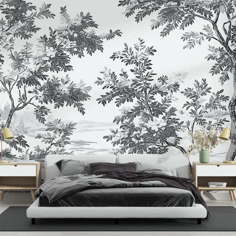 Papier peint shabby chic Motif de paysages en noir et blanc avec des arbres élégants Achat Immédiat