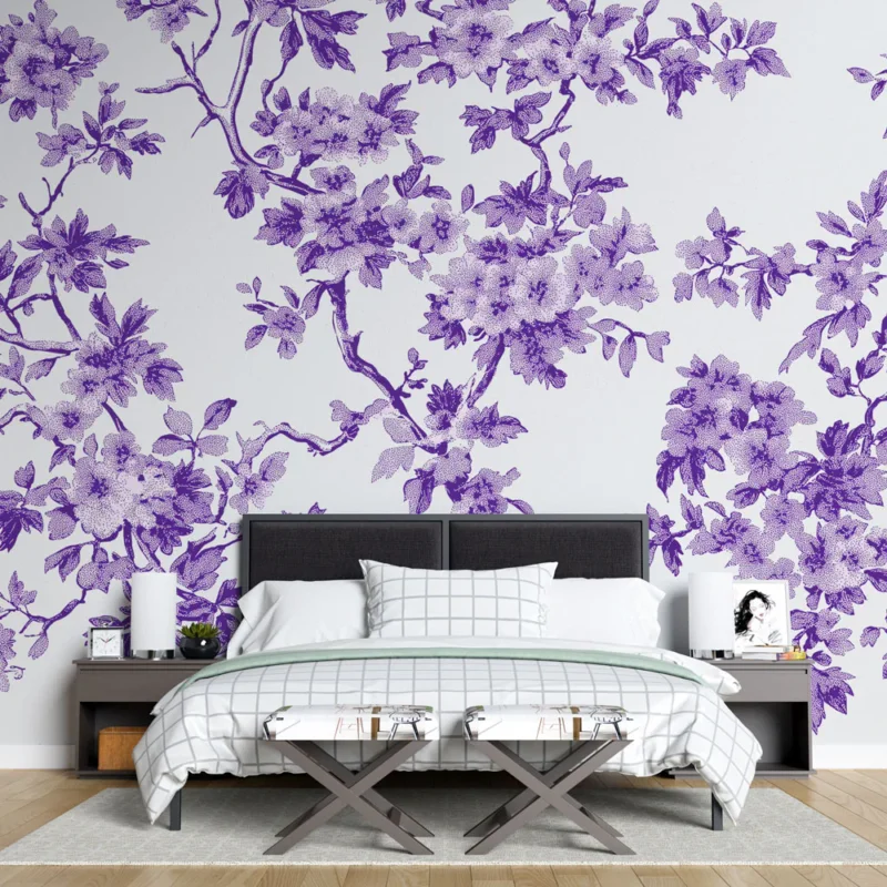 Papier peint shabby chic Élégance florale en violet sur fond blanc Meilleure Vente
