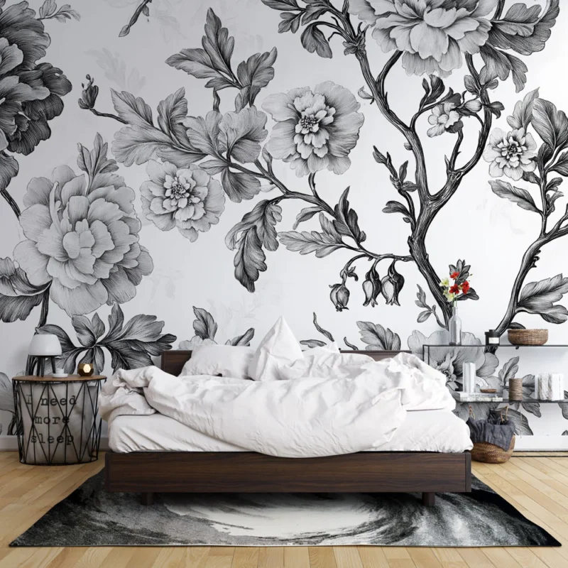 Vente Flash Papier peint shabby chic Motif floral monochrome en noir et blanc