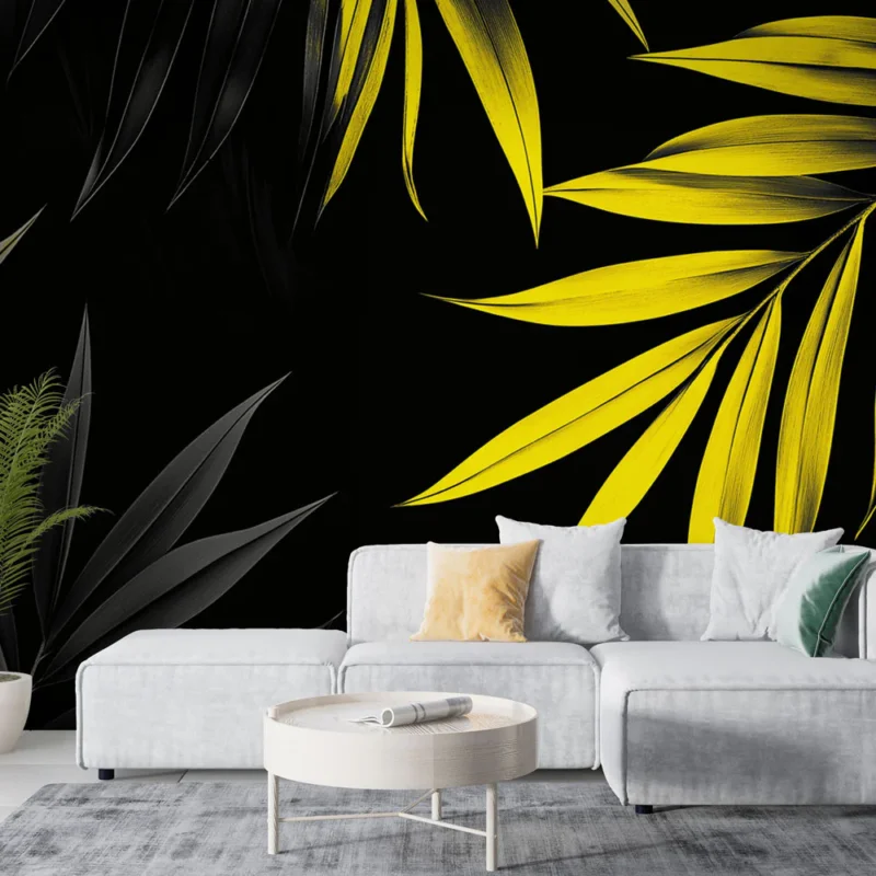 Papier peint feuillage noir et jaune Feuilles stylisées sur fond noir Acheter En Ligne