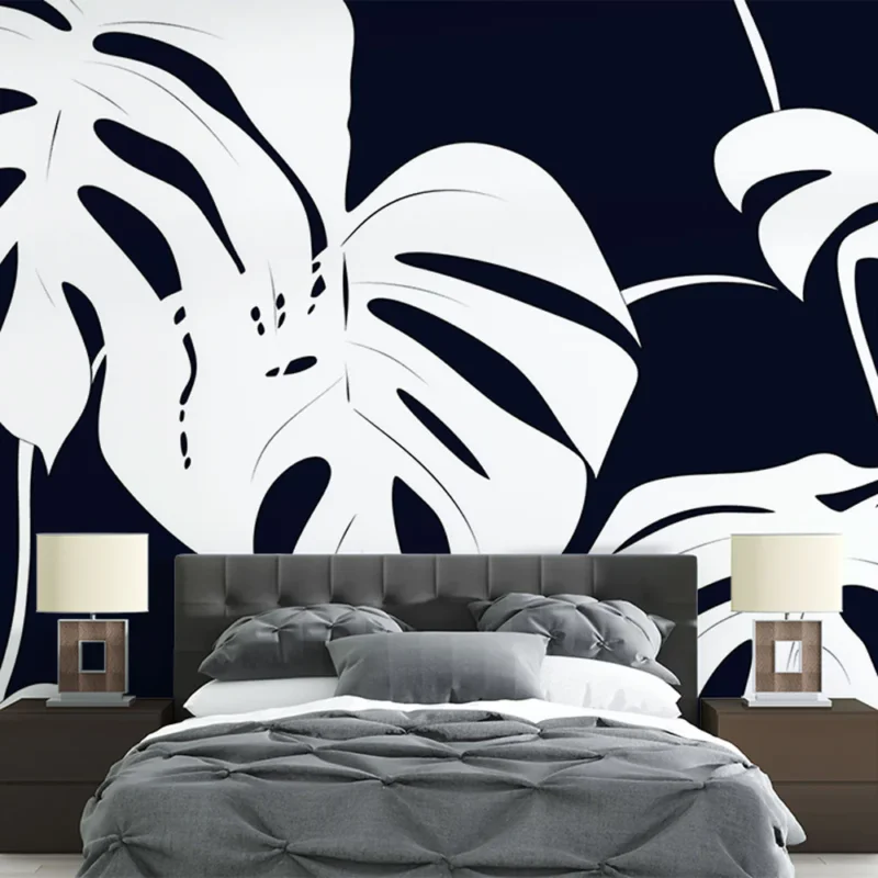 Papier peint monstera Feuilles de monstera blanches sur fond noir Quantité Limitée