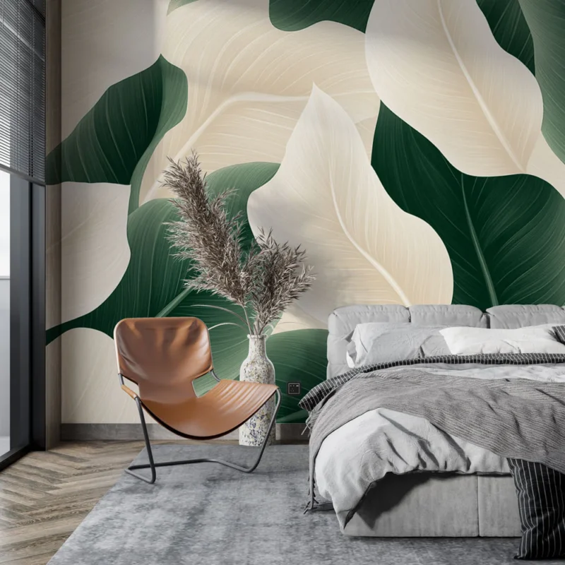 Papier peint feuillage Feuilles élégantes dans des tons crème et vert Haute Qualité