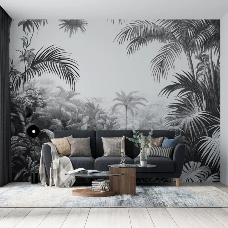 Papier peint jungle monochrome Illustration artistique de feuillage luxuriant en noir et blanc Affaire À Saisir