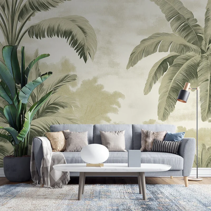 Retour Gratuit Papier peint tropical Palmiers et feuillage luxuriant dans des tons doux