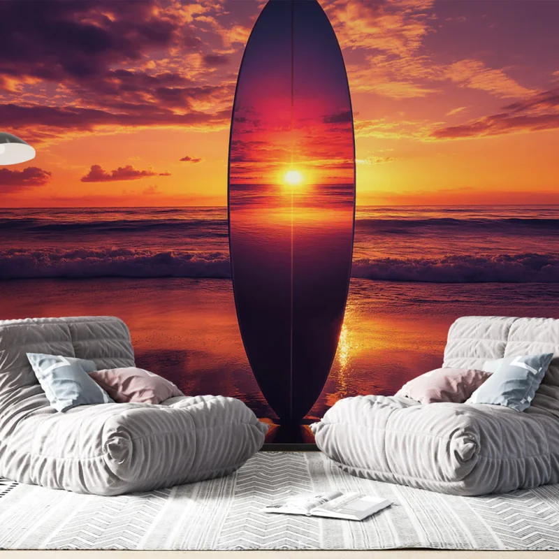 Papier peint plage au coucher de soleil Une planche de surf réfléchissant un paysage océanique époustouflant Prix Cassé