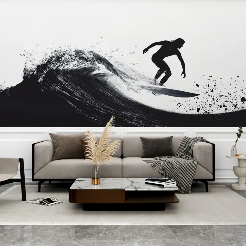 Papier peint surf Silhouette d‘un surfeur sur une vague dynamique Quantité Limitée
