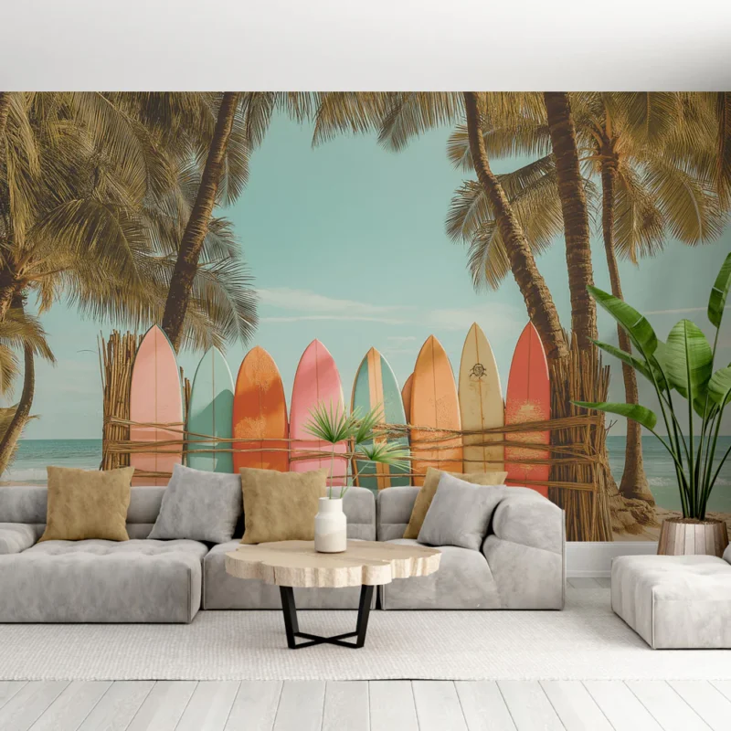 Papier peint plage Planches de surf colorées sous les palmiers Nouveauté