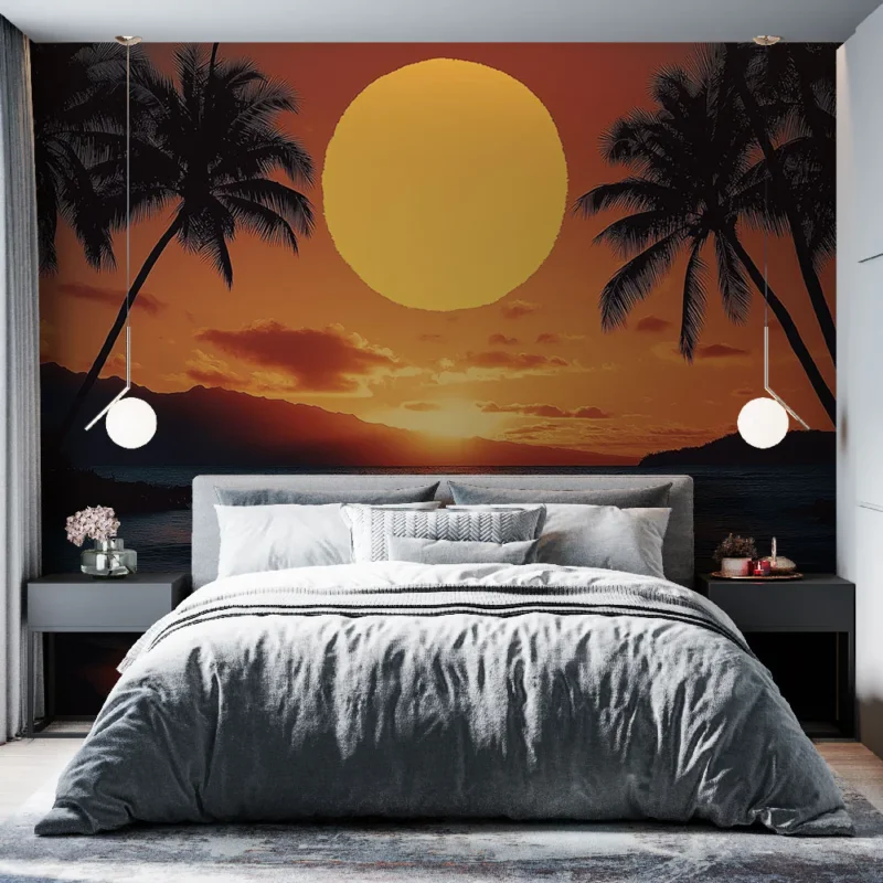 Vente Directe Papier peint coucher de soleil Une scène tropicale apaisante avec des palmiers et un grand soleil orange